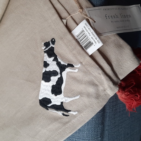 Table Cloth Farm Farmhouse Country Cow Pig Chicken Lamb Embroidered Linen Tassel - Picture 3 of 8